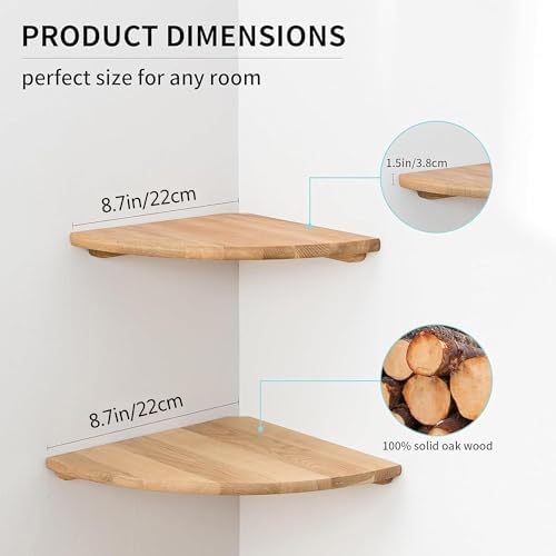 Corner Shelves, Floating Corner Shelf, Set of 2 Solid Oak Wood Wall Shelves, Round End Wall Mount with Wire Hole Shelvin