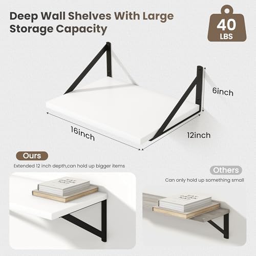 Marsmiles Deep Floating Shelves, 16'' x 12'' White Wood Shelves Set of 2