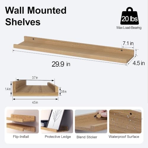 Oak Floating Shelves for Wall Decor, 30 in Shelf with Lip, 2 Set