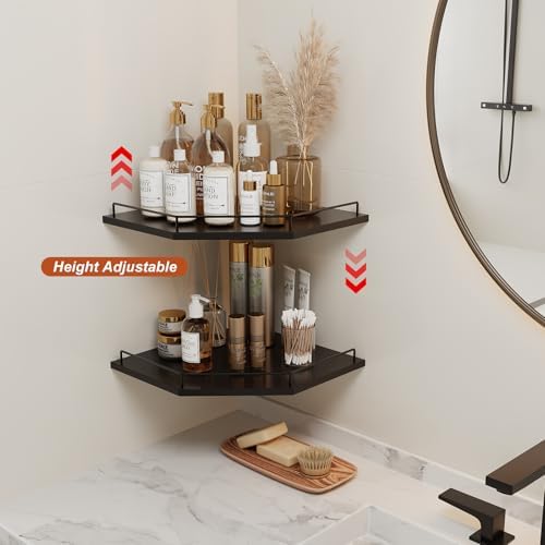 JJL Corner Shelf Wall Mounted, 12 Inches 2-Tier Floating Corner Shelf, Hexagon Rustic Wood Decor with Fence, Black Wall 