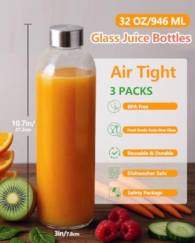 Zukro Clear Glass Water Bottles with Stainless Steel Lids 32 oz, Set of 3
