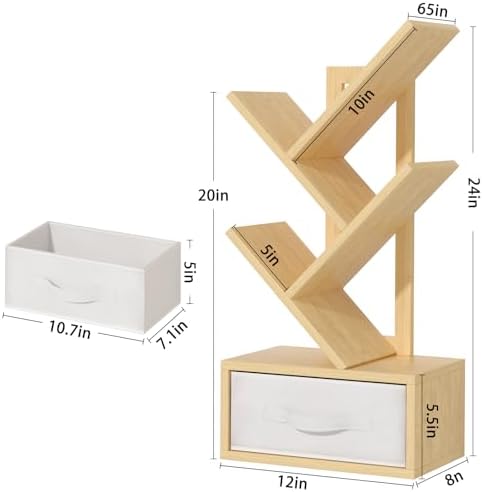 SHEEPAM 4-Tier Tree Bookshelf Small Bookcase with Drawer