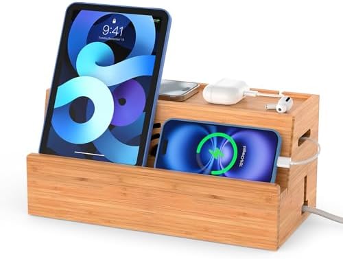 Bamboo Cable Management Box, Natural Color, 31X14X15.5CM