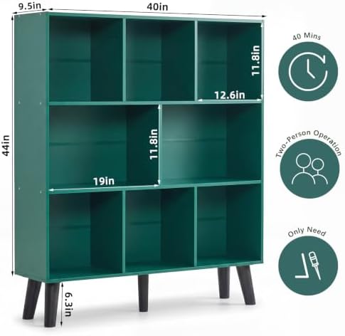 YAHARBO 8 Cube Bookshelf,3 Tier Bookcase with Legs,Dark Green Mid-Century Modern Bookshelves,Large Free Standing Open St