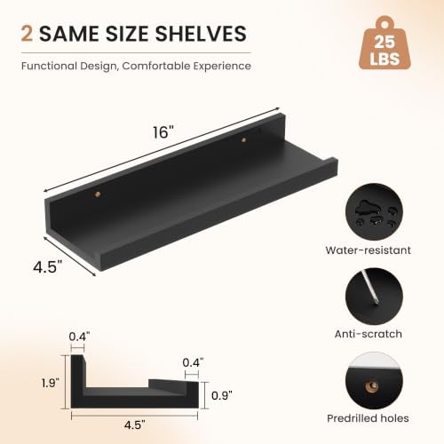 Dreamland Picture Ledge Shelf for Wall, Floating Shelves Set of 4,16 inch Long Floating Shelves with Lip for Living Room,Bedroom,Bathroom,Kitchen,Black
