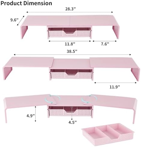 LEKETREE Dual Monitor Stand Riser with Drawer, Desk Organizer and Accessories, Pink Monitor Stand for Desk, Desktop Stan