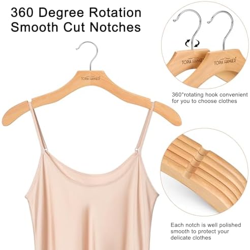 TOPIA HANGER 12 Pack Wooden Hangers for Women, Premium Sweater Hangers No Shoulder Bump, 360° Swivel Hook and Cut Notches Clothes Hangers for Sweater, Coat, Shirts, Hoodies, Dress, Natural CT84N