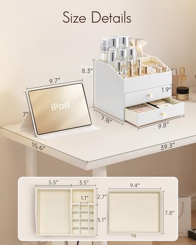 VLANDO 3-Layer Makeup Organizer with 2 Large Drawers for Vanity,White