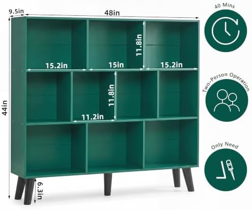 YAHARBO 10 Cube Bookshelf,3 Tier Bookcase with Legs,Dark Green Mid-Century Modern Bookshelves,Large Free Standing Open S