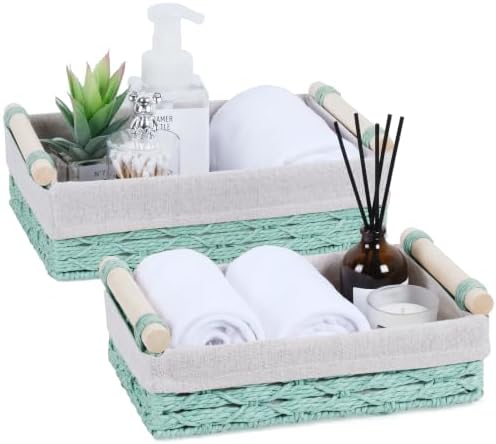 Wicker Storage Basket with Wooden Handle – Paper Rope Decorative Toilet Paper Baskets & Bathroom Organizer for Toilet Ta
