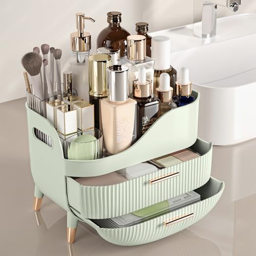 Pajiriona Makeup Organizer with Drawers, Green Skincare Organizer for Vanity, Storage Box with Handle, Large Cosmetic Di