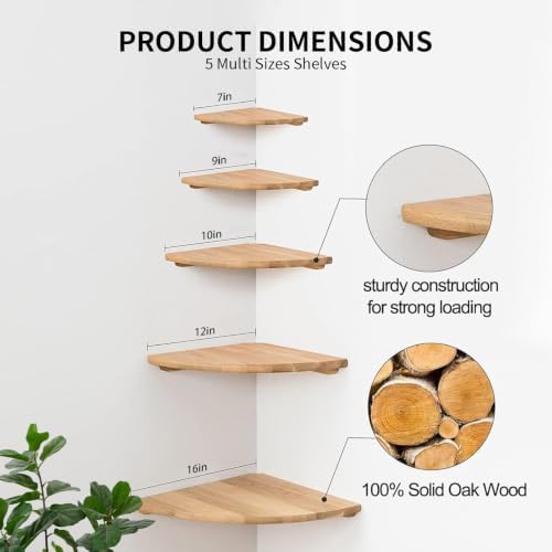 Gieanoo Corner Floating Shelf 7inch Solid Oak Wood Floating Corner Shelf with Wire Hole Corner Wall Mount Storage Displa