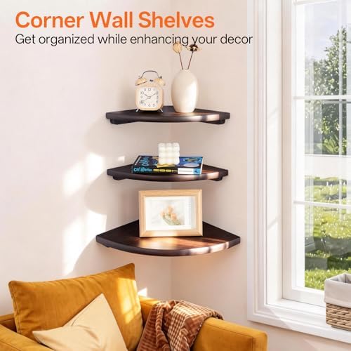 Gieanoo Floating Corner Shelves Set 2 10inch Walnut Solid Oak Rounded Corner Shelves Wall Mounted with Cable Hole Wood C
