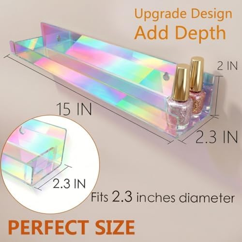 4 Pack 15 Inch Iridescent Acrylic Floating Wall Shelves, Rainbow Shelves