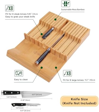 Utoplike In-drawer Knife Block Bamboo Kitchen Knives Drawer Organizer Large