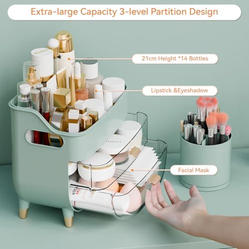 Yieach Green Make up Organizer for Countertop,Vanity,Large Capacity Bathroom Makeup Skincare Organizers With Brush Holde