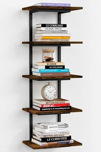 Harwaya 5 Tier Wall Bookshelf Unit for Bedroom Books, Large Floating Book Shelves Wall Mounted, Rustic Wood Lack Tiered 