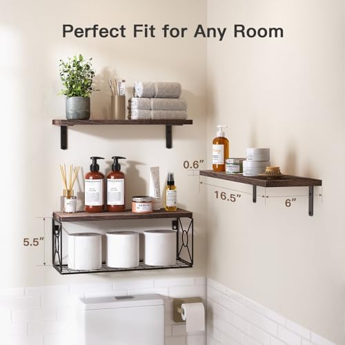 Amada Bathroom Shelves with Storage Basket, Set of 3, Rustic Brown