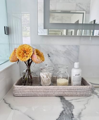 KOUBOO Rattan Vanity Tray Perfume Makeup Bathroom Organizer White Wash