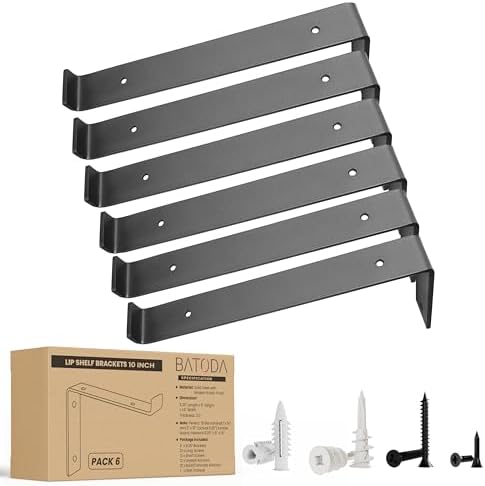 BATODA 10” Shelf Brackets with Lip (Match 9.25" Board) - 6 Pcs Z Shelf Bracket Black - Heavy Duty Hook Brackets for Shel