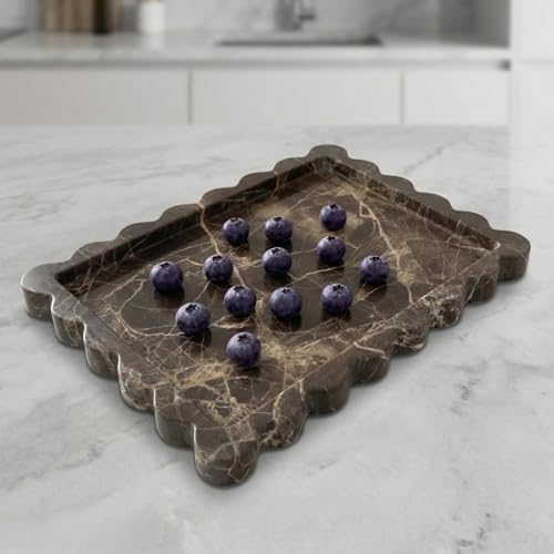 Natural Scalloped Marble Tray 10.7"x7.87",Rectangle Tray for Bathroom Kitchen Counter, Decorative Tray for Dresser (Coff