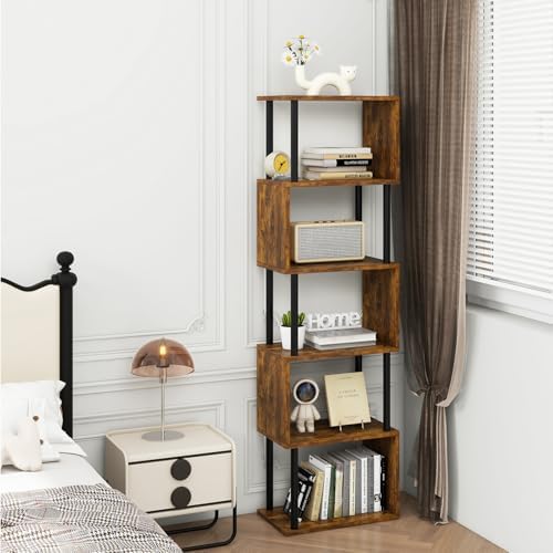 IBUYKE 6-Tier Tall Bookshelf,S-Shaped Geometric Bookcase,Brown WBC016H