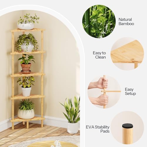 HOOBRO Corner Shelf Stand, 5-Tier Bamboo Corner Bookshelf, Plant Display Shelf, Corner Bookcase, Multipurpose Shelving U