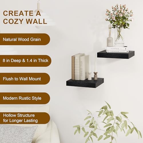 Fun Memories Black Floating Shelves 8 Inch Long, 8" Deep Wall Shelves, Small Deep Floating Shelf Square Wall Shelf, Rust