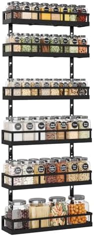 X-cosrack 6-Tier Wall-Mounted Spice Rack Organizer with Mixed Basket Sizes, Height-Adjustable Hanging Spice Shelf for Ki