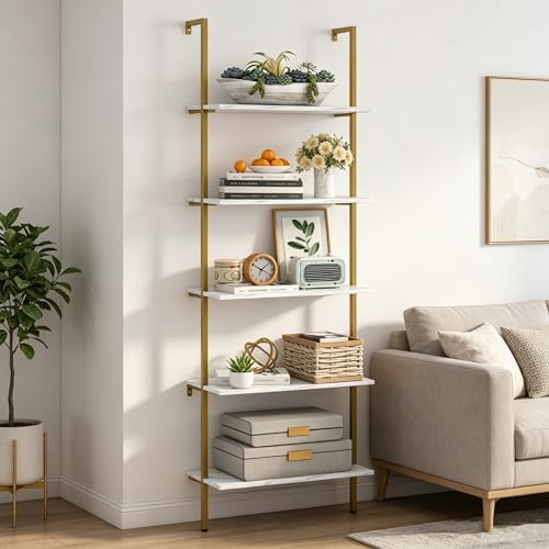 Wolawu 5 Tiers Ladder Shelf White Marble Modern Bookshelf Open Tall Wall Mount Bookcase Standing Leaning Wall Shelves In