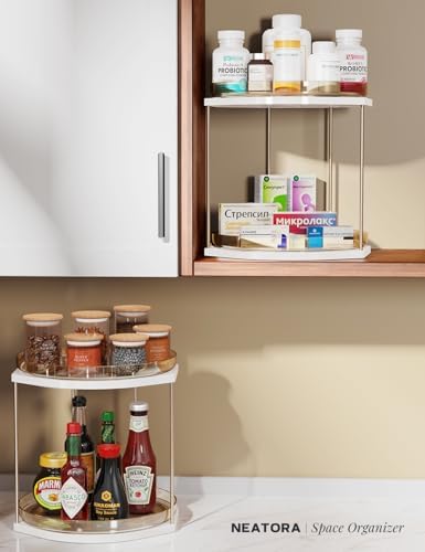 2 Pack 2-Tier Lazy Susan Turntable Organizer – 9.05” Rotating Spice Rack Organizer for Cabinet, Pantry, Tabletop & Count