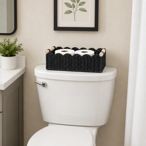 2 Pack Scalloped Paper Rope Toilet Paper Baskets with Wood Handles