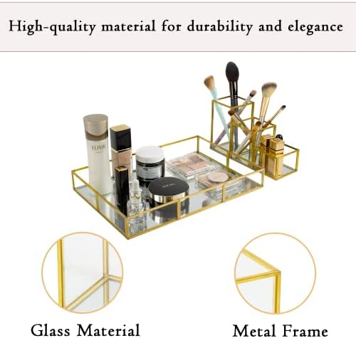 Gold Metal Frame and Glass Vanity Tray Set, Large Decorative Platform for Perfumes, Makeup Brushes, Jewelry Display, Off