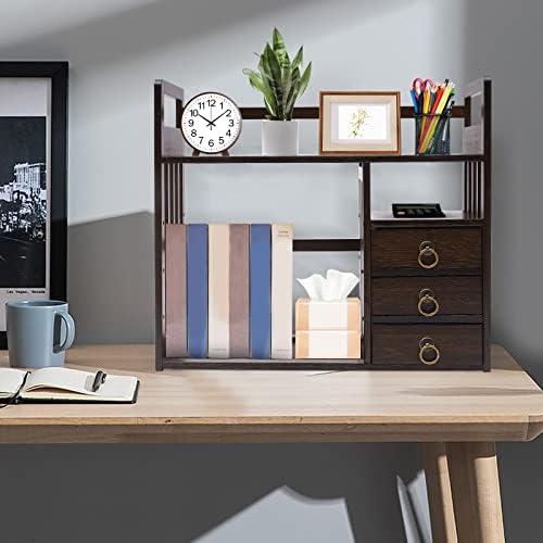 Bamboo Desk Book Shelf,Desktop Bookshelf Storage Rack Tabletop Standing Organizer Bookshelf with 3 Drawers,Freestanding 