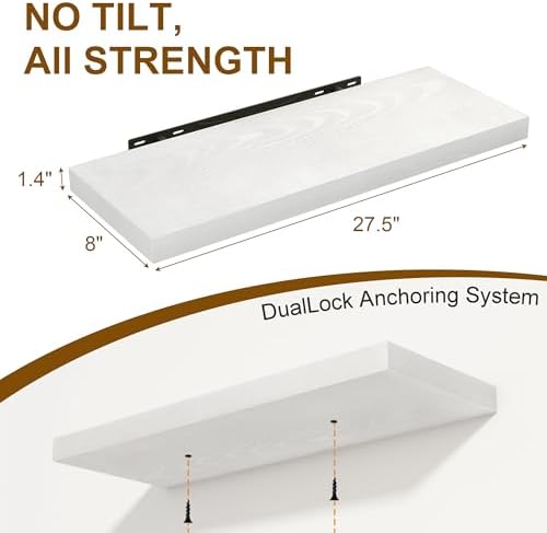White Floating Shelves for Wall, 27.5 Inch Bathroom Shelves Set of 2, Rustic Wood Wall Shelf with Invisible Brackets for
