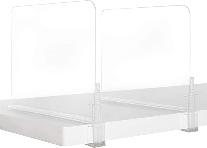 Richards Homewares Acrylic Shelf Dividers - Purse, Sweaters Organizer for Closet - Clear Separators Closet Shelf Organizer - 4 Pack Adjustable up to 2.5” Thick