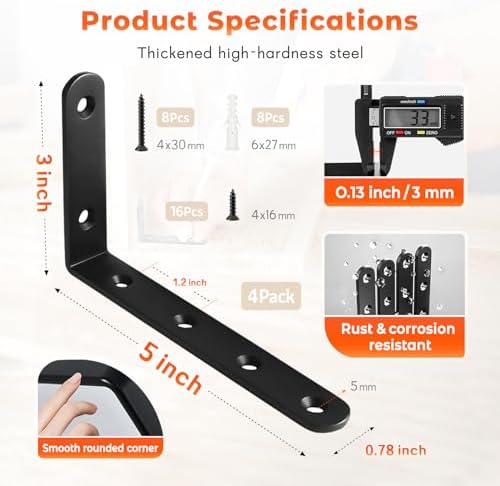 Shelf Bracket 4 Pack 5" Lx3 H 5mm Thick Heavy Duty Black L Brackets