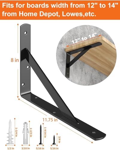LuckIn 4 Pack Heavy Duty Shelf Bracket 12 Inch, Wall Shelf Brackets for Floating Shelves, L Brackets with 90 Degree Tria