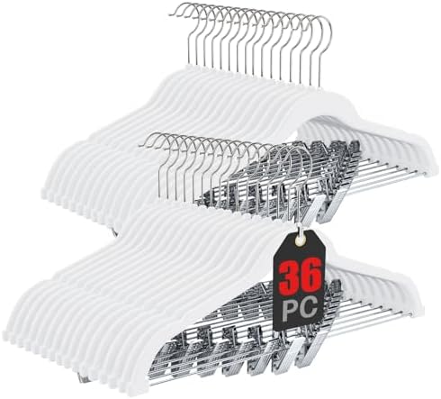 Korpai 36-Pack White Velvet Hangers with Clips Adjustable,Adult Hangers,Outfit Hanger,Heavy-Duty,Felt,Non-Slip,Space Saving, for Pants, Skirts, Suits,Coats, Dresses ect.
