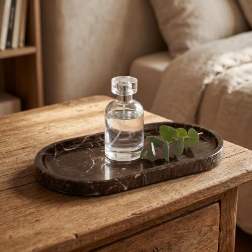 YKAJO Dark Emperador Oval Marble Tray, 9.8x4.7 Vanity Perfume Organizer
