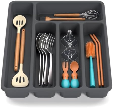 Non-Slip Silicone Kitchen Drawer Organizer for Utensils & Flatware | Heavy-Duty Silverware Cutlery Tray Insert | Waterproof, Easy-Clean for Office, Junk Drawer
