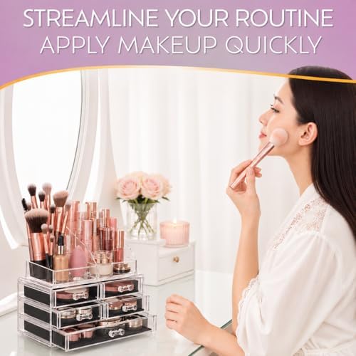 Brookstone Makeup Organizer Countertop, Cosmetic Display Case, Acrylic Makeup Storage for Vanity, Clear Make-up Organize