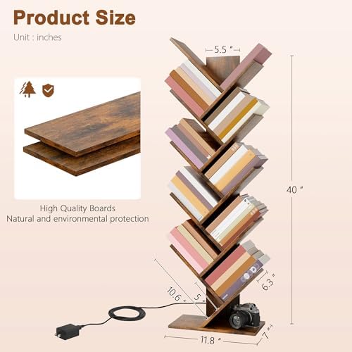 Hoctieon 10 Tier Tree Bookshelf with LED Light, Small Bookcase, Freestanding Book Shelf, Display Floor Standing Storage 
