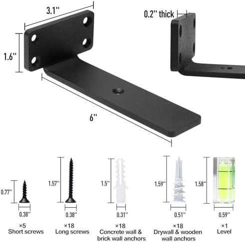 HITOMEN Heavy Duty Floating Shelf Brackets, 6-Inch (1/5'' Thick) Hidden Shelves Hardware, Iron L Brackets, Rustic Indust