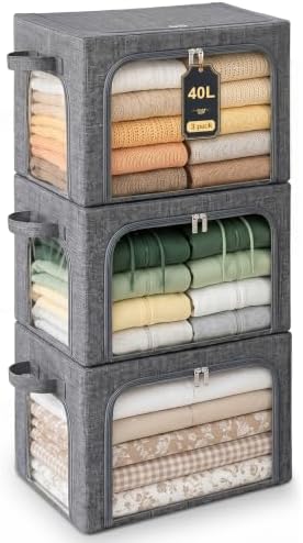GoMaihe Clothes Storage Bins with Metal Frame for Sweaters, 40L 3-Pack Grey