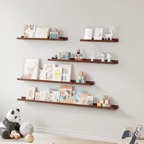 SAUMONIERES Picture Ledge Shelf Floating Book Shelves Set of 2 Wall Mounted Solid Wood for Bedroom Bathroom Living Room 