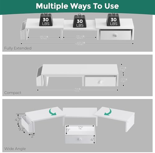 Dual Monitor Stand Riser, Adjustable Length & Swivel Angle Monitor Stand, Ergonomic Monitor Stand with Drawer & Side Poc