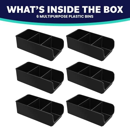 Black Storage Bins for Pantry - 3 Compartment Kitchen Cabinet and Cupboard Storage Organizers, Multipurpose Storage Bins