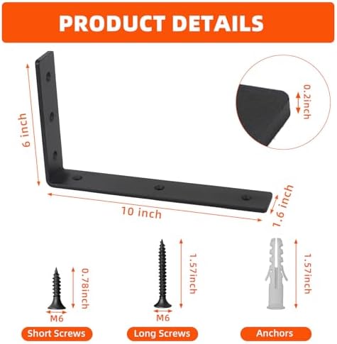 4 Pack Heavy Duty Floating Shelf Brackets, Black Metal L Wall Brackets, DIY Industrial Shelf Brackets - L10 x H 6" x W 1