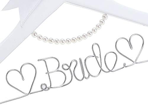 White Solid Wood Bridal Dress Hanger with Bridal Wire Lettering for Bridal Wedding Party Gift (White Hanger Silver Threa